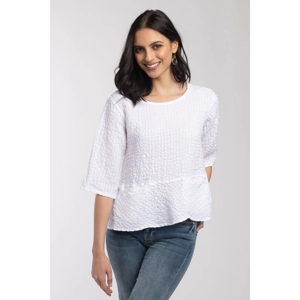 Luna Luz M White Seersucker Linen Blend Top Peplum Pockets Back Ruching Detail